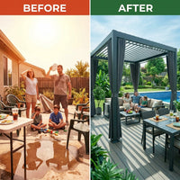 12X20 Louvered Pergola,Dark Grey Aluminum Frame with Adjustable Rainproof Roof, Featuring Waterproof Curtains and Nets — Before & After