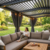12X20 Louvered Pergola,Dark Grey Aluminum Frame with Adjustable Rainproof Roof, Featuring Waterproof Curtains and Nets — Lifestyle