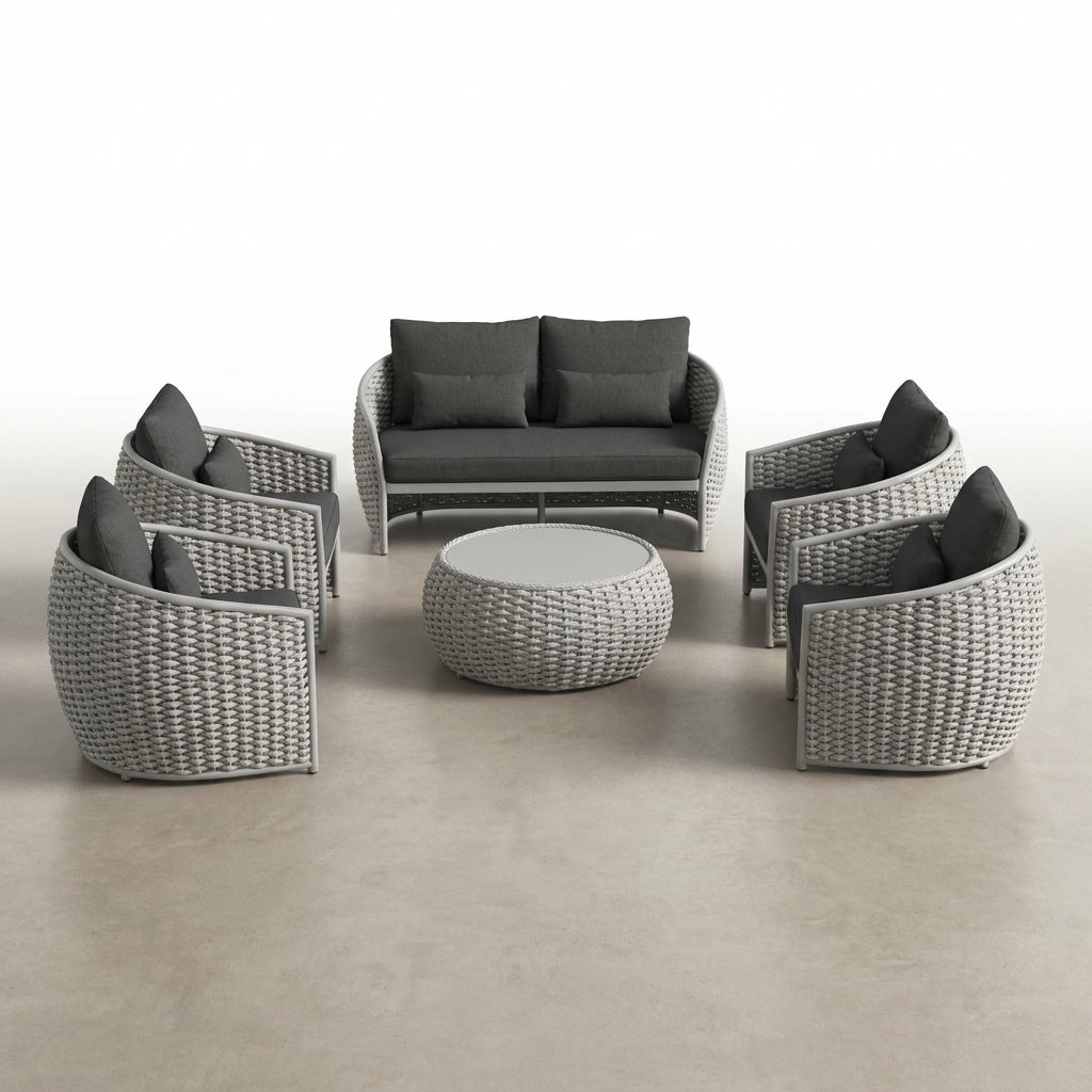 6-Piece Aluminum Patio Furniture Set, Olefin Rope Modern Outdoor Conversation Set Sectional Sofa with Water Repellent Thick Cushions and Coffee Table for Balcony, Garden, Light Grey — Studio Shot
