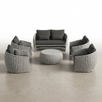 6-Piece Aluminum Patio Furniture Set, Olefin Rope Modern Outdoor Conversation Set Sectional Sofa with Water Repellent Thick Cushions and Coffee Table for Balcony, Garden, Light Grey — Studio Shot