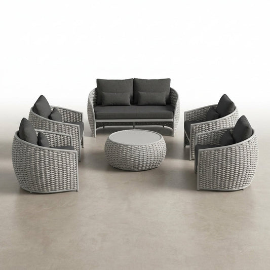 6-Piece Aluminum Patio Furniture Set, Olefin Rope Modern Outdoor Conversation Set Sectional Sofa with Water Repellent Thick Cushions and Coffee Table for Balcony, Garden, Light Grey — Studio Shot