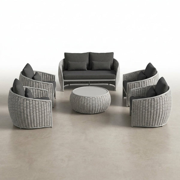 6-Piece Aluminum Patio Furniture Set, Olefin Rope Modern Outdoor Conversation Set Sectional Sofa with Water Repellent Thick Cushions and Coffee Table for Balcony, Garden, Light Grey — Studio Shot