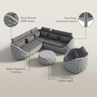 6-Piece Aluminum Patio Furniture Set, Olefin Rope Modern Outdoor Conversation Set Sectional Sofa with Water Repellent Thick Cushions and Coffee Table for Balcony, Garden, Light Grey — infographic