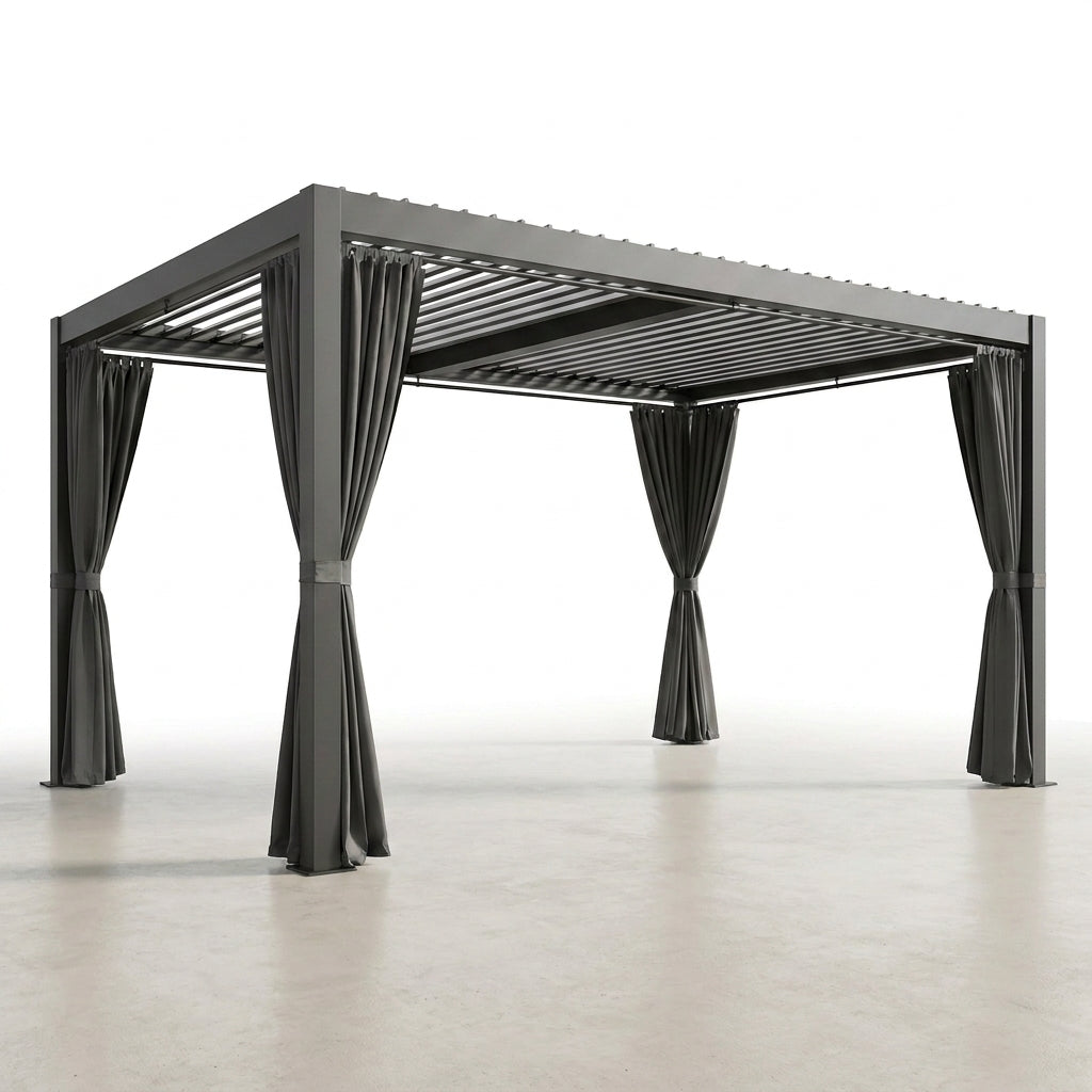 Aluminum Pergola Built for All-Weather Protection, 12x20 Louvered Roof, Waterproof Curtains, Rust-Resistant Frame — Studio Shot