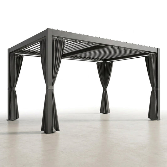Aluminum Pergola Built for All-Weather Protection, 12x20 Louvered Roof, Waterproof Curtains, Rust-Resistant Frame — Studio Shot