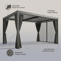 Aluminum Pergola Built for All-Weather Protection, 12x20 Louvered Roof, Waterproof Curtains, Rust-Resistant Frame — infographic