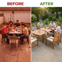 Brown 7-Piece Wood Patio Outdoor Dining Set with Extendable Table and Wood Chairs with Beige Cushion — Before & After