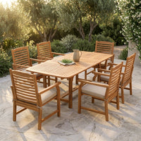 Brown 7-Piece Wood Patio Outdoor Dining Set with Extendable Table and Wood Chairs with Beige Cushion — Studio Shot