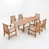 Brown 7-Piece Wood Patio Outdoor Dining Set with Extendable Table and Wood Chairs with Beige Cushion — Studio Shot
