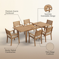 Brown 7-Piece Wood Patio Outdoor Dining Set with Extendable Table and Wood Chairs with Beige Cushion — infographic