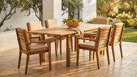 Brown 7-Piece Wood Patio Outdoor Dining Set with Extendable Table and Wood Chairs with Beige Cushion — Lifestyle