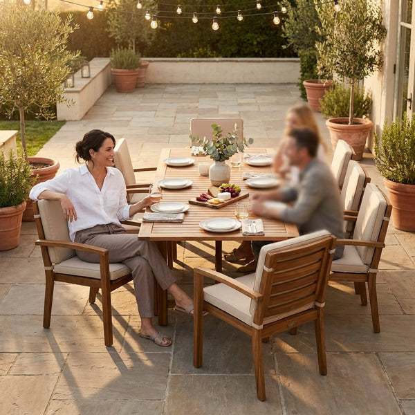 Outdoor Patio Dining Set Built for Entertaining, Extendable Acacia Table, 6 Cushioned Chairs, Weather Resistant