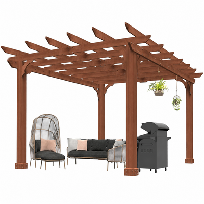 10' X 12' Patio Pergola, Cedar Wood Pergolas with Solid Structure, Pergola Kits, Outdoor Pergolas and Gazebos with Slatted Trellis Roof for Deck Backyard Grill Party Garden