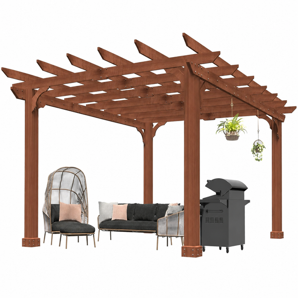 10' X 12' Patio Pergola, Cedar Wood Pergolas with Solid Structure, Pergola Kits, Outdoor Pergolas and Gazebos with Slatted Trellis Roof for Deck Backyard Grill Party Garden