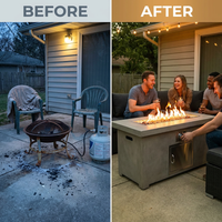 Concrete Outdoor Propane Fire Pit Table, 50,000 BTU Square Gas Fire Table with Adjustable Flame, Lava Rocks, Weather-Resistant Design, and Protective Cover for Patio, Deck, or Backyard — Before & After