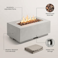 Concrete Outdoor Propane Fire Pit Table, 50,000 BTU Square Gas Fire Table with Adjustable Flame, Lava Rocks, Weather-Resistant Design, and Protective Cover for Patio, Deck, or Backyard — infographic