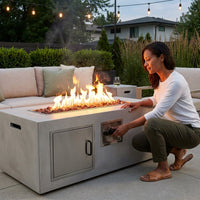 Concrete Outdoor Propane Fire Pit Table, 50,000 BTU Square Gas Fire Table with Adjustable Flame, Lava Rocks, Weather-Resistant Design, and Protective Cover for Patio, Deck, or Backyard — Lifestyle