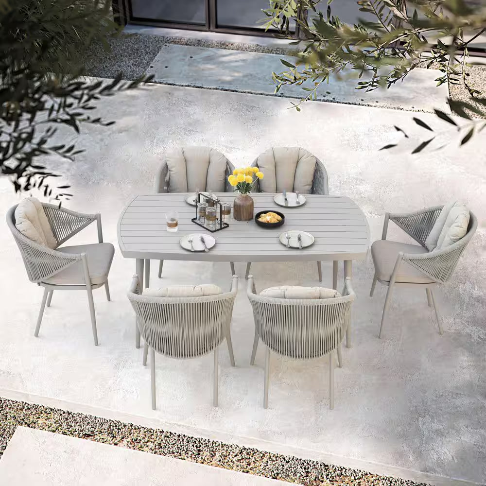 7-Piece Aluminum Outdoor Dining Set with Beige Cushion