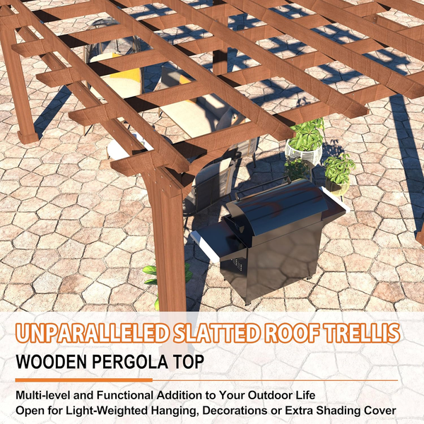 10' X 12' Patio Pergola, Cedar Wood Pergolas with Solid Structure, Pergola Kits, Outdoor Pergolas and Gazebos with Slatted Trellis Roof for Deck Backyard Grill Party Garden